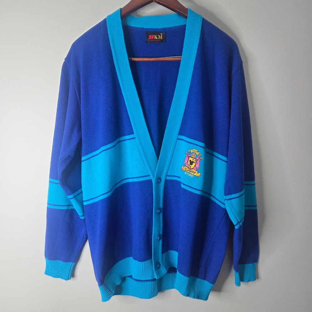 Vintage Disney Store Mickey Mouse Crest Cardigan Sweater Blue Teal XL USA Made